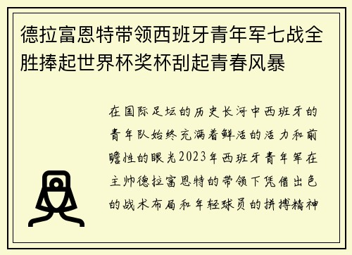 德拉富恩特带领西班牙青年军七战全胜捧起世界杯奖杯刮起青春风暴 德拉富恩特带领西班牙青年军七战全胜捧起世界杯奖杯刮起青春风暴