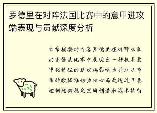 罗德里在对阵法国比赛中的意甲进攻端表现与贡献深度分析 罗德里在对阵法国比赛中的意甲进攻端表现与贡献深度分析